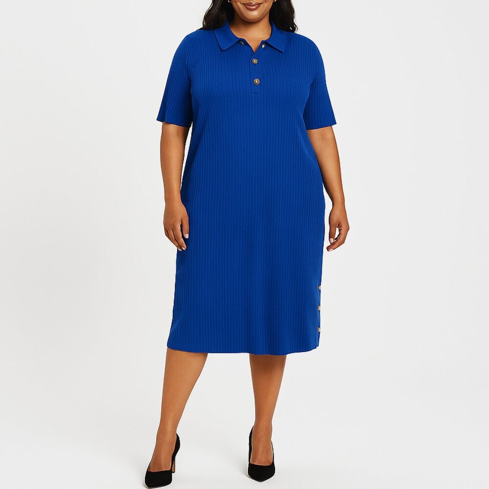 Royal Ribbed Polo Dress Size 2X Chic Knit with Gold Button Detail